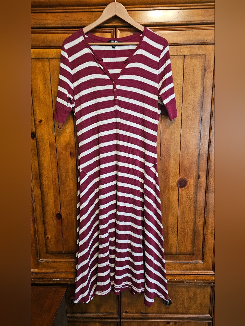 Lauren Ralph Lauren Striped Waffle Knit Henley Cotton Midi Dress Fit And Flare